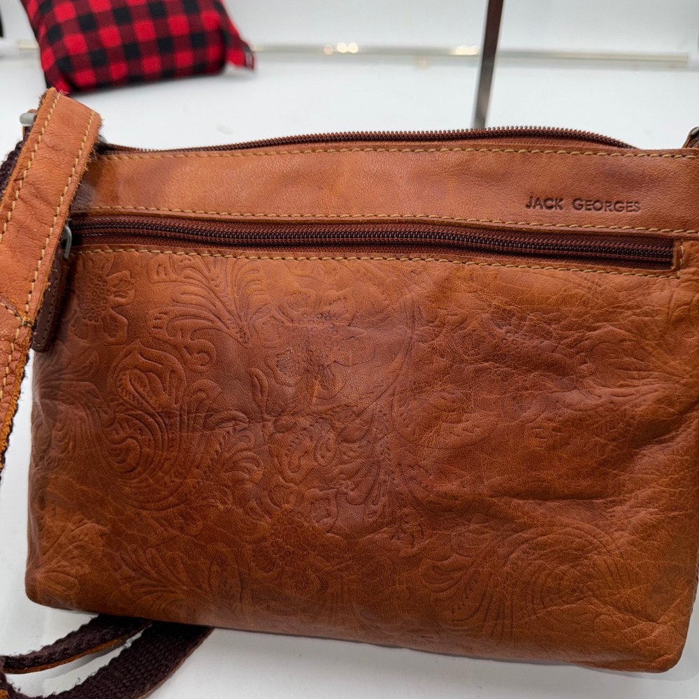 Jack Georges Vintage Cognac Leather Embossed Floral Paisley Crossbody Bag Brown - Picture 12 of 13